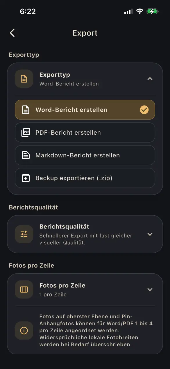 QuickReports export workflow on a smartphone