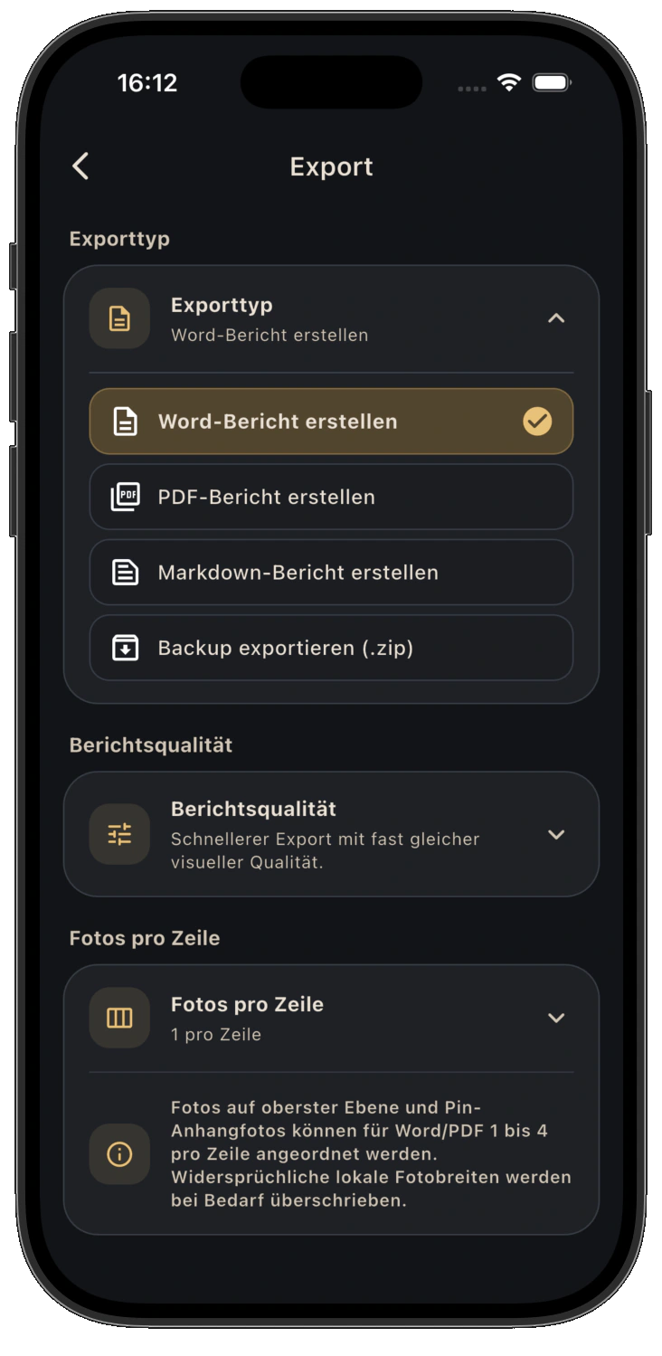 QuickReports export workflow on a smartphone
