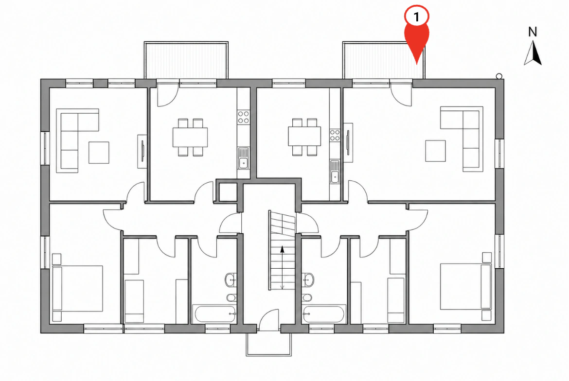 Building plan: Pin 1 marks the affected balcony slab in the overview plan.