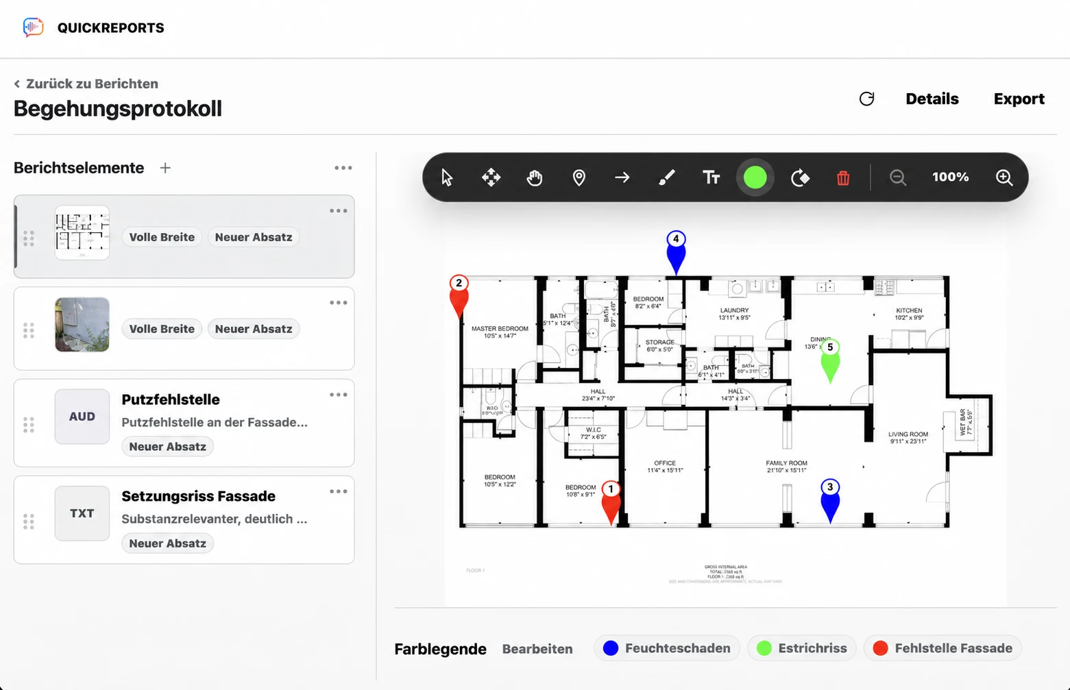 QuickReports web app showing a structured report and annotated plan on desktop